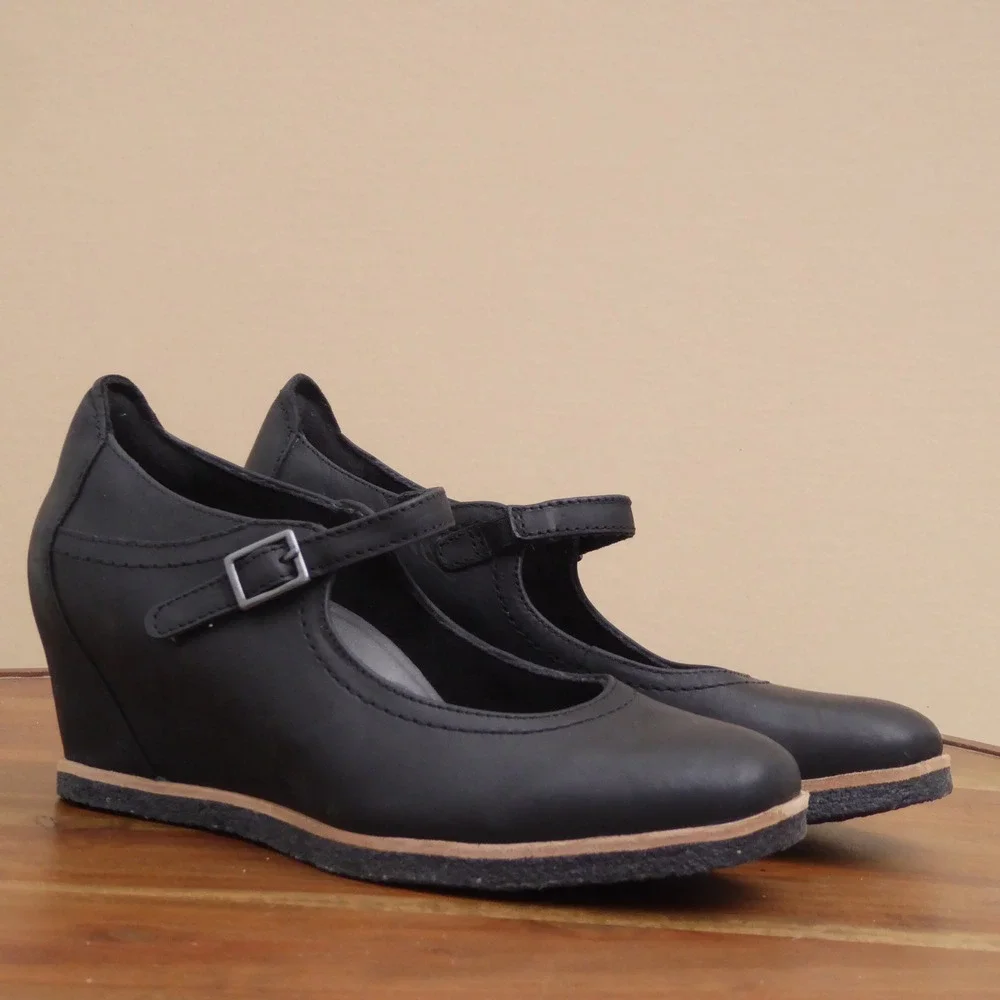 Earth Women Boden Wedge Mary Jane Shoes Black Leather Comfort 8B